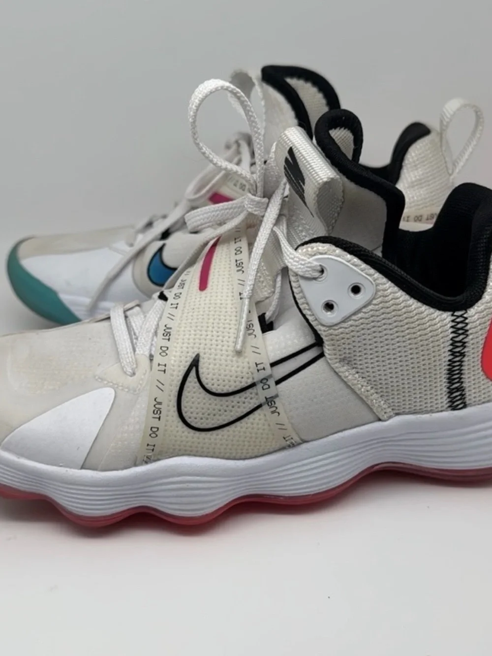 Nike White Volleyball/Basketball Shoes with Blue and Pink Accents